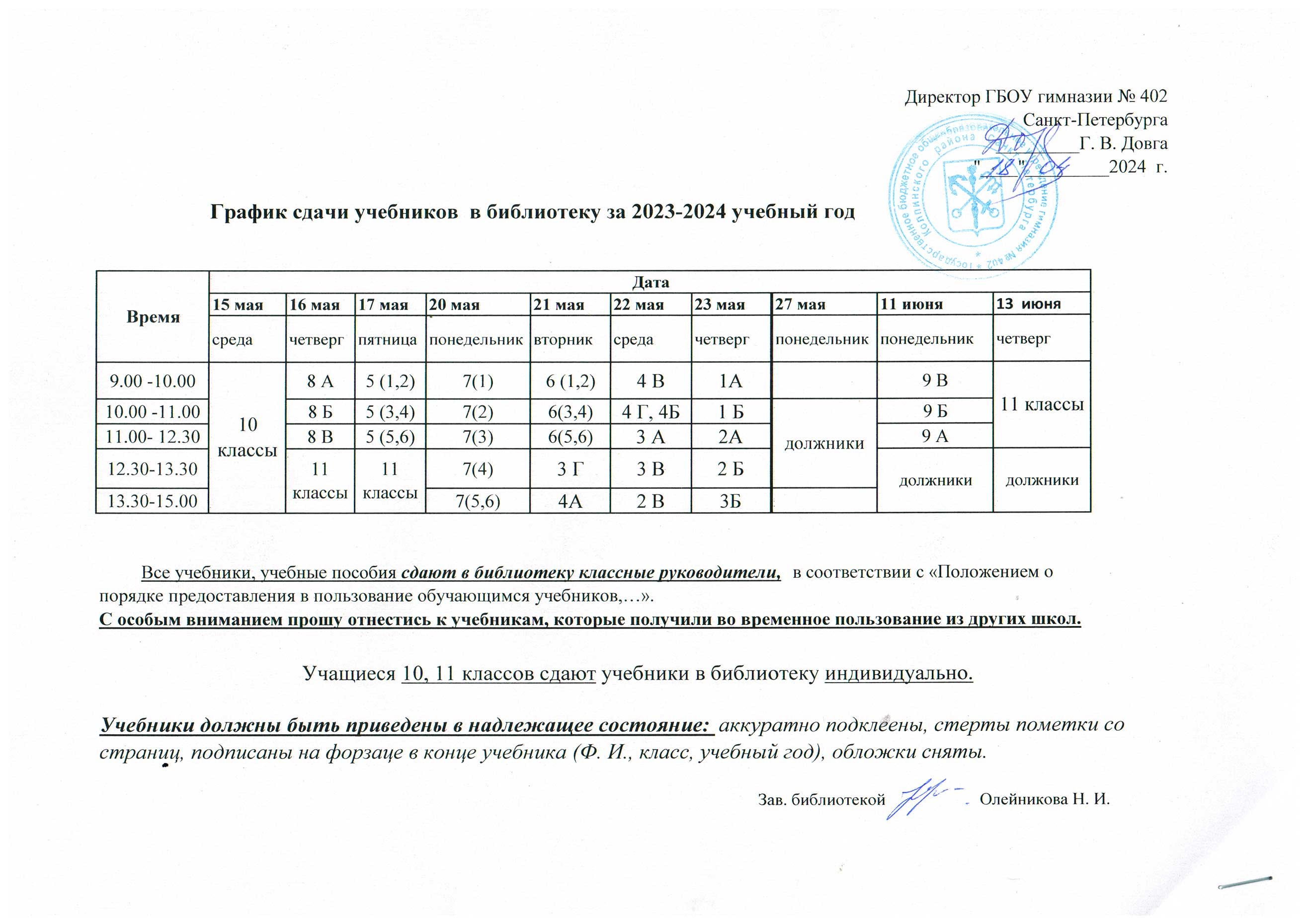 График сдачи учебников в библиотеку за 2023-2024 учебный год - ГБОУ  гимназия № 402 Санкт-Петербурга